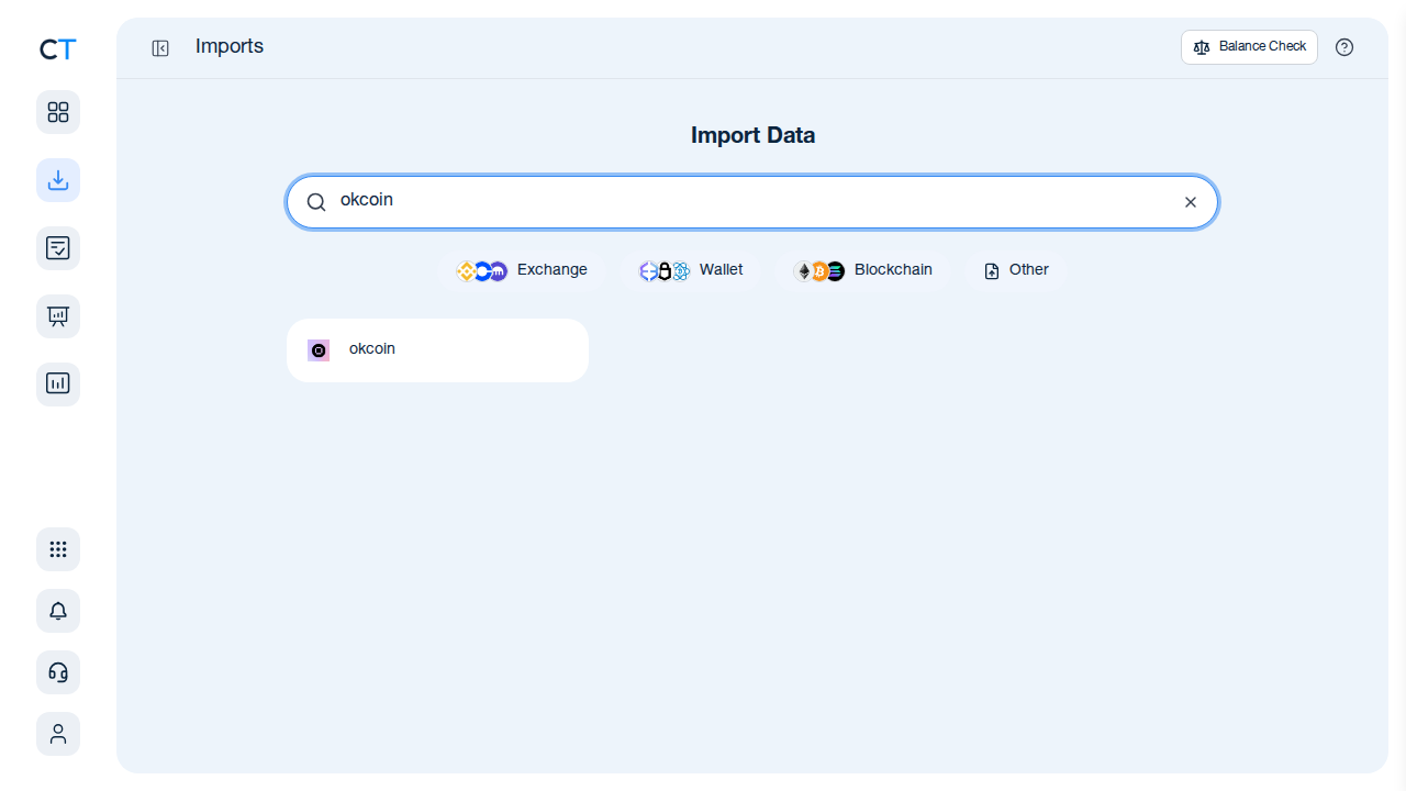 CoinTracking import search showing OKCoin option