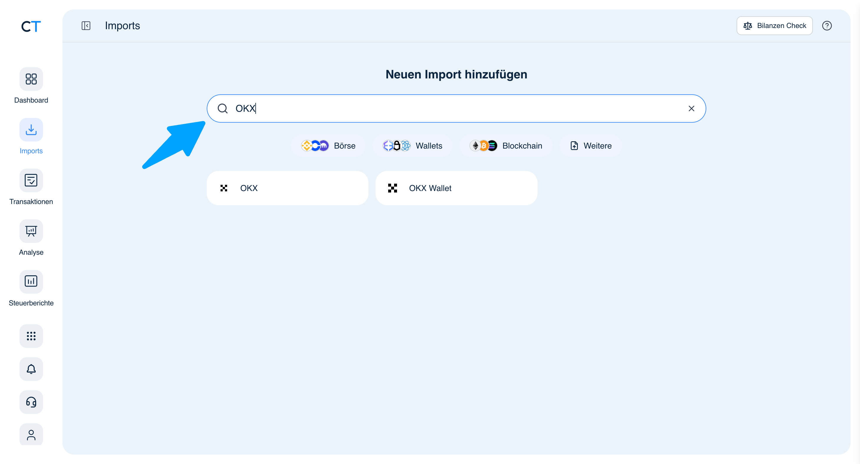 CoinTracking Import-Suche mit OKX-Ergebnissen: OKX und OKX Wallet