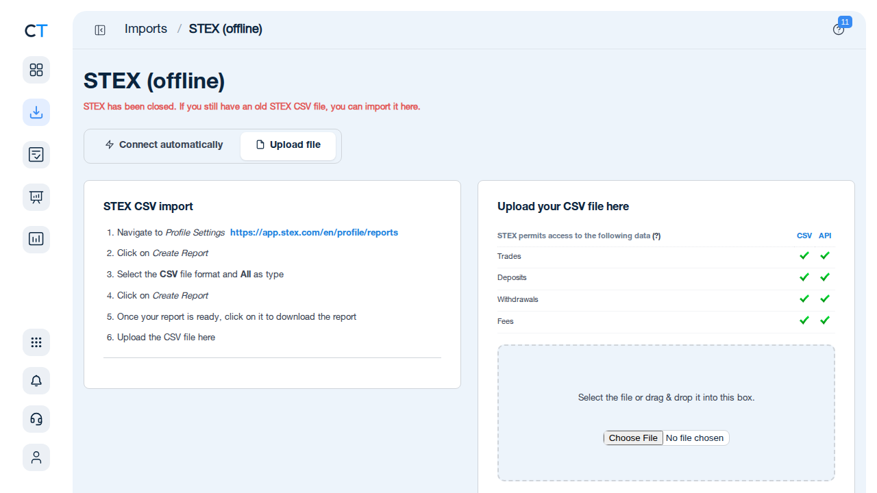 CoinTracking tax report generation for STEX historical data