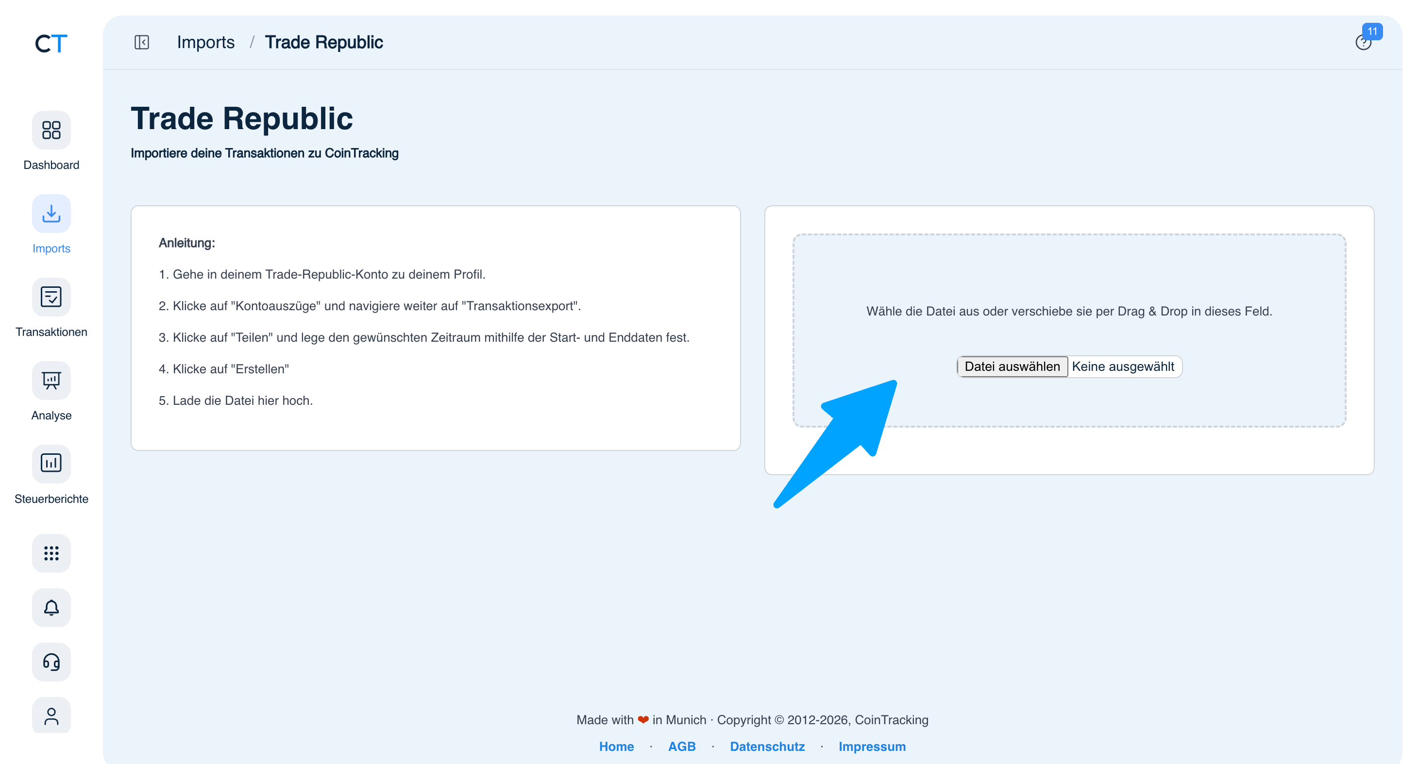 CoinTracking Trade Republic Import mit CSV-Upload Bereich und Datei auswählen Button