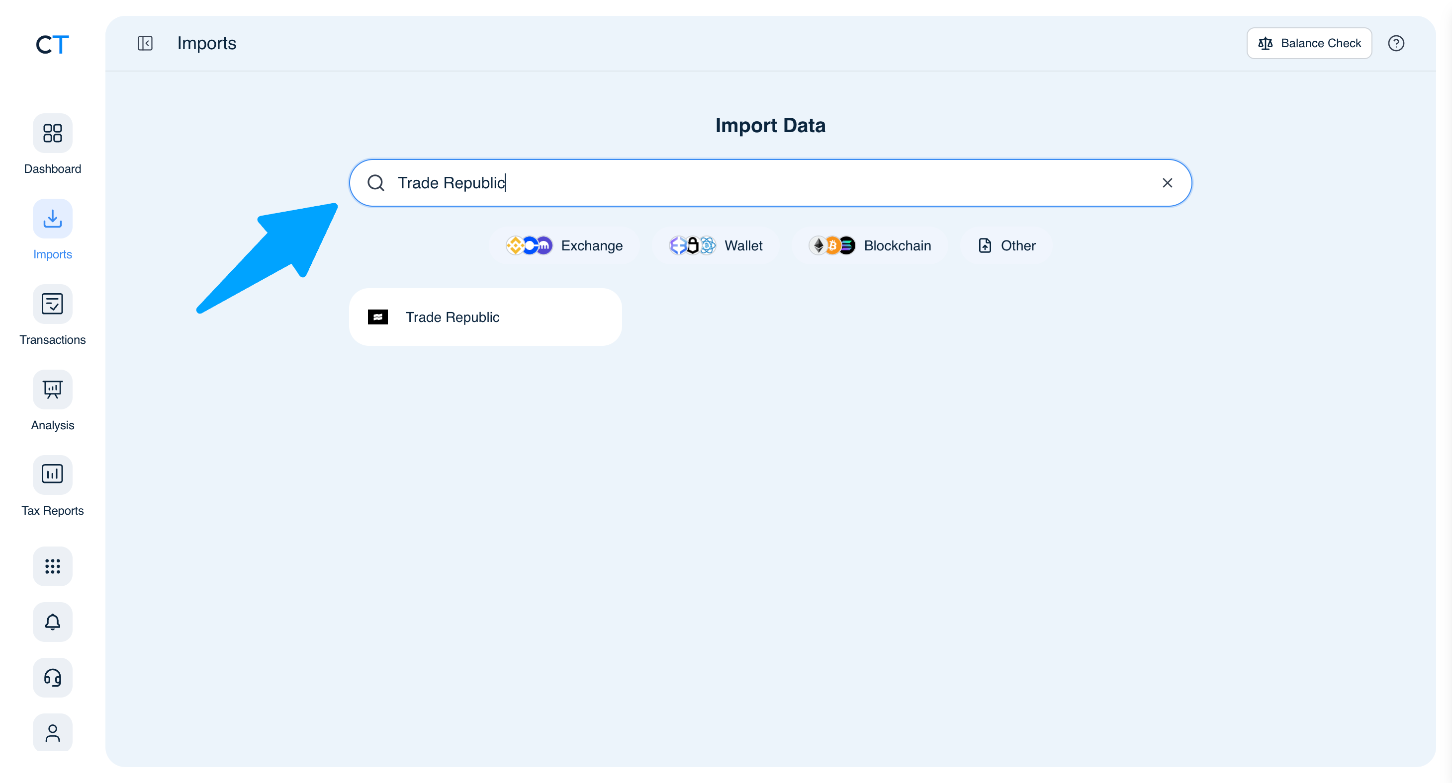 CoinTracking Import search showing Trade Republic result