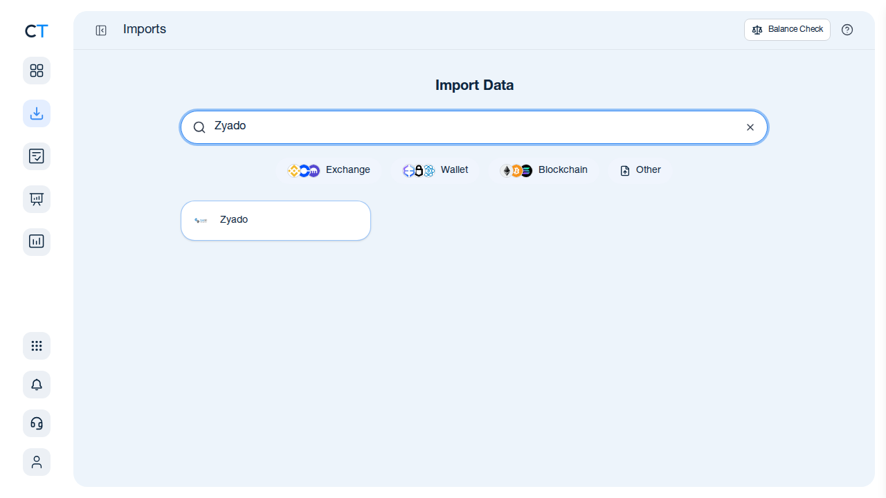 CoinTracking import search showing Zyado in the results