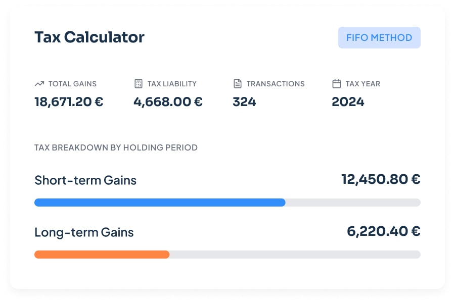 CoinTracking Tax Calculator showing taxable gains and income