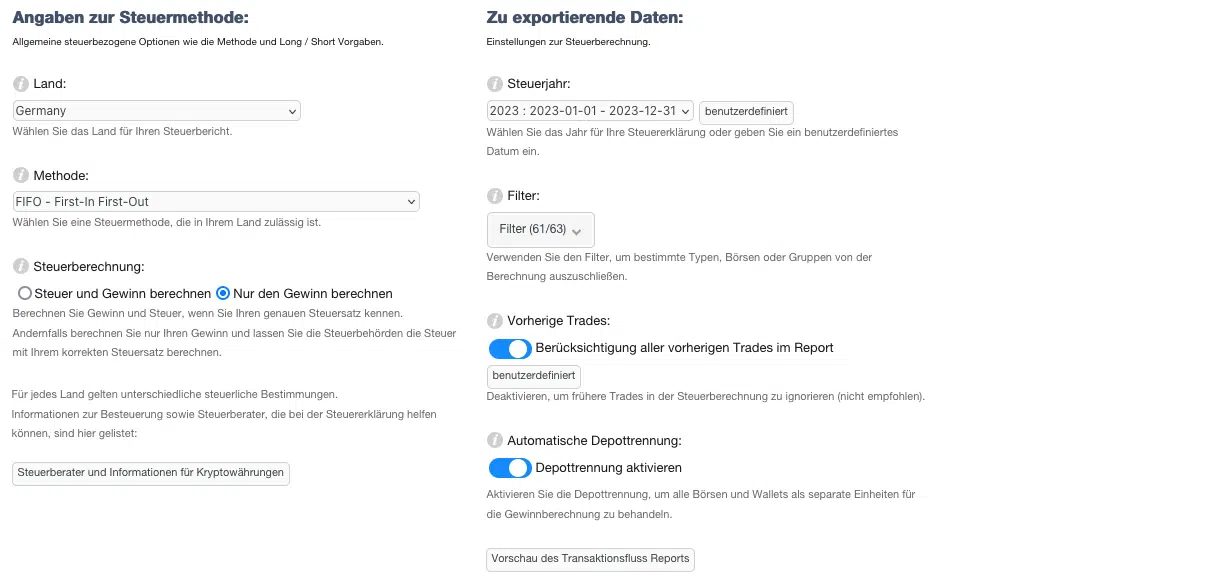 CoinTracking Steuermethode und Exportoptionen