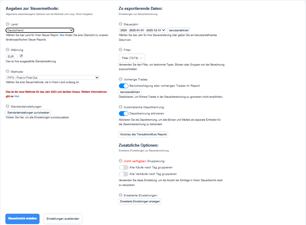CoinTracking Steuerbericht erstellen