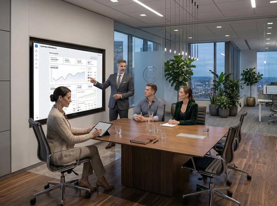 Corporate team reviewing performance analytics