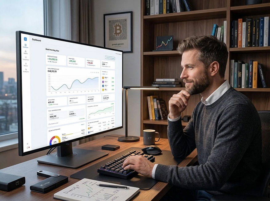 Individual at home office with CoinTracking dashboard